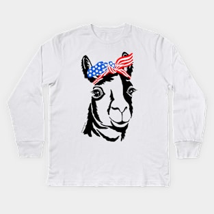 Llama Bandana American Flag Funny Patriotic USA Animal Kids Long Sleeve T-Shirt